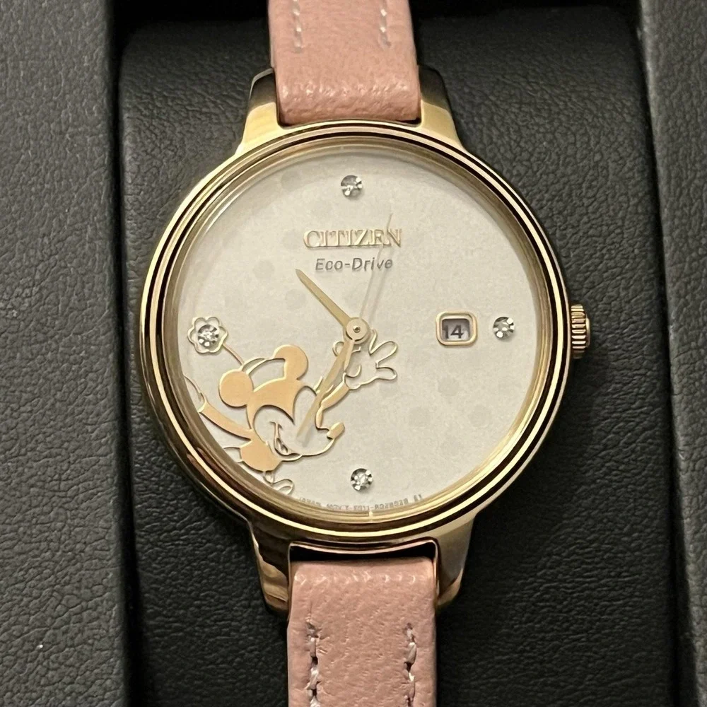 Citizen Disney Watch Womens 32mm Minnie White Dial Pink Leather Eco-Drive New - Picture 2 of 8